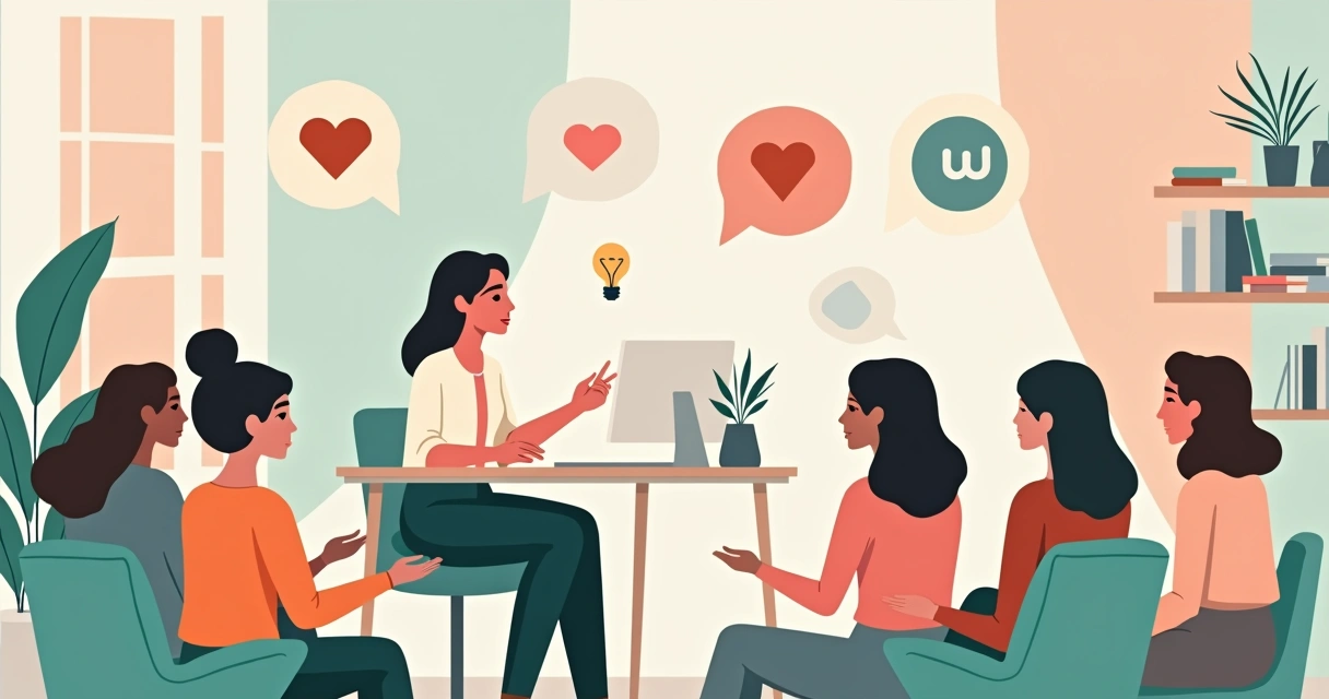 Ilustração corporativa plana mostrando mulher empreendedora contando uma história para grupo conectado 