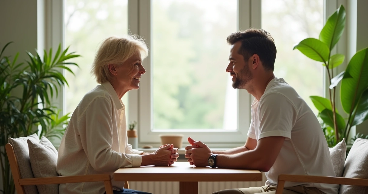 Duas pessoas sentadas frente a frente, conversando de forma empática e aberta, em ambiente claro e aconchegante 