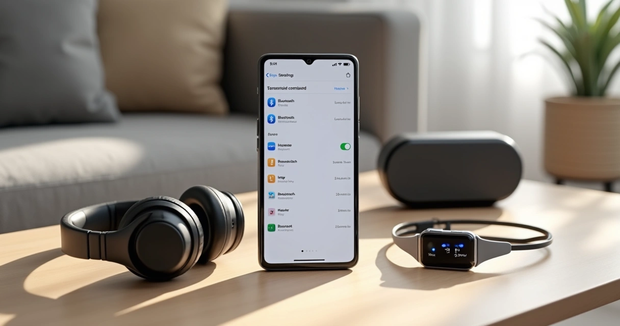 Smartphone conectando via Bluetooth a fones de ouvido, smartwatch e caixa de som sobre mesa 