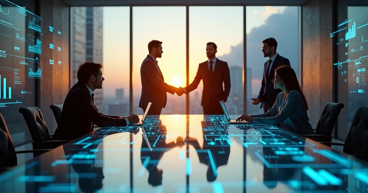 Executivos em reunião conectados por linhas de dados neon representando branding B2B 