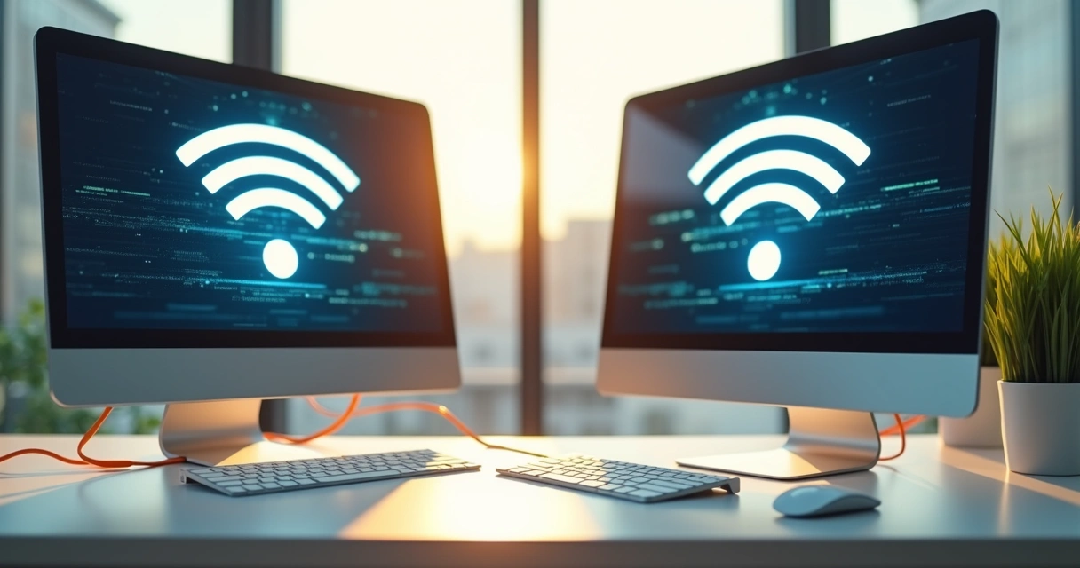 Comparação visual entre conexão via cabo Ethernet e Wi-Fi em computador 