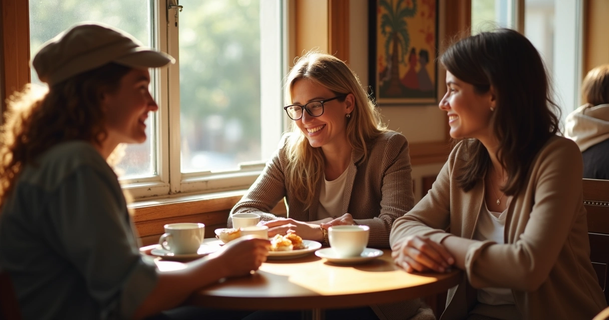 Pessoas conversando em mesa de café durante viagem 