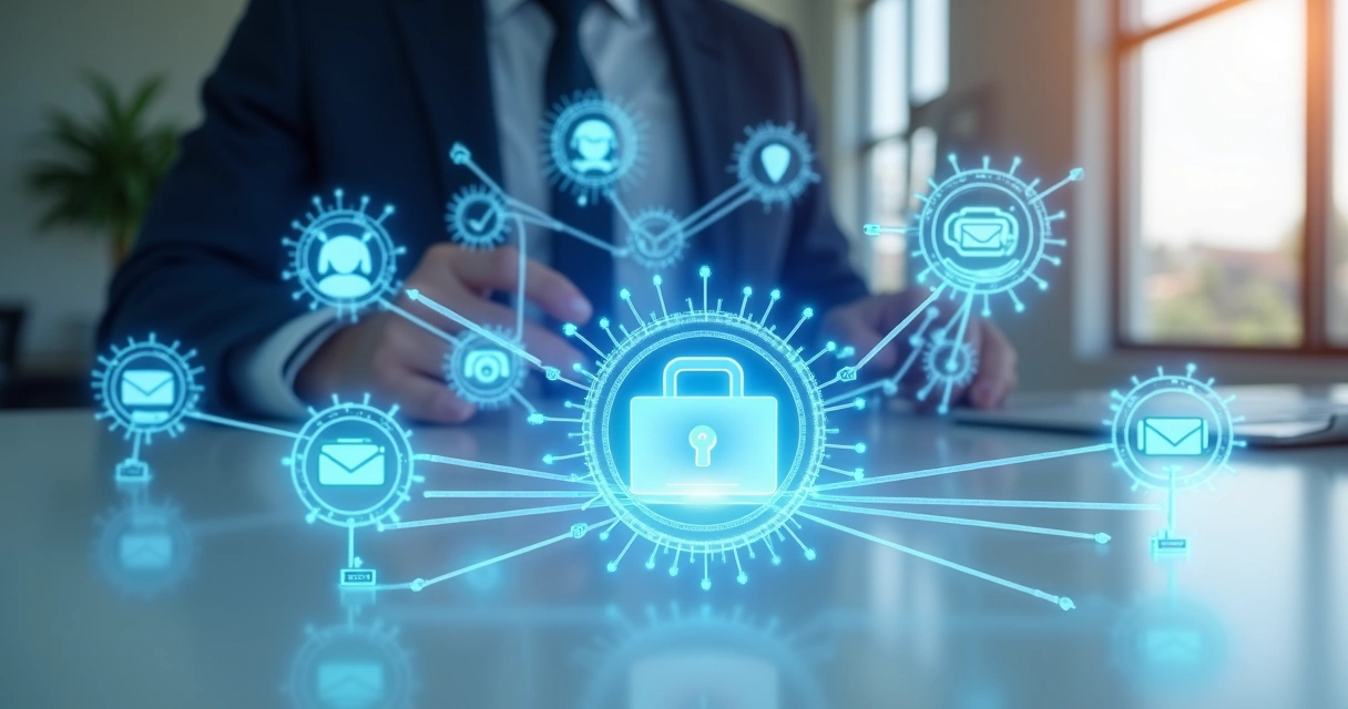 Ilustração de plataformas de atendimento conectadas por links digitais