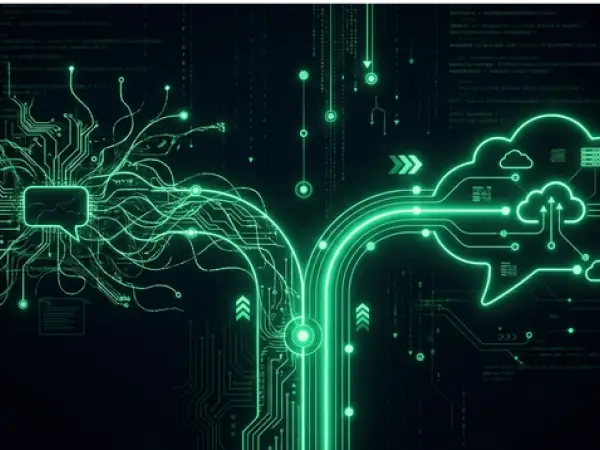 Circuitos eletrônicos conectando caixas de diálogo digitais em fundo escuro