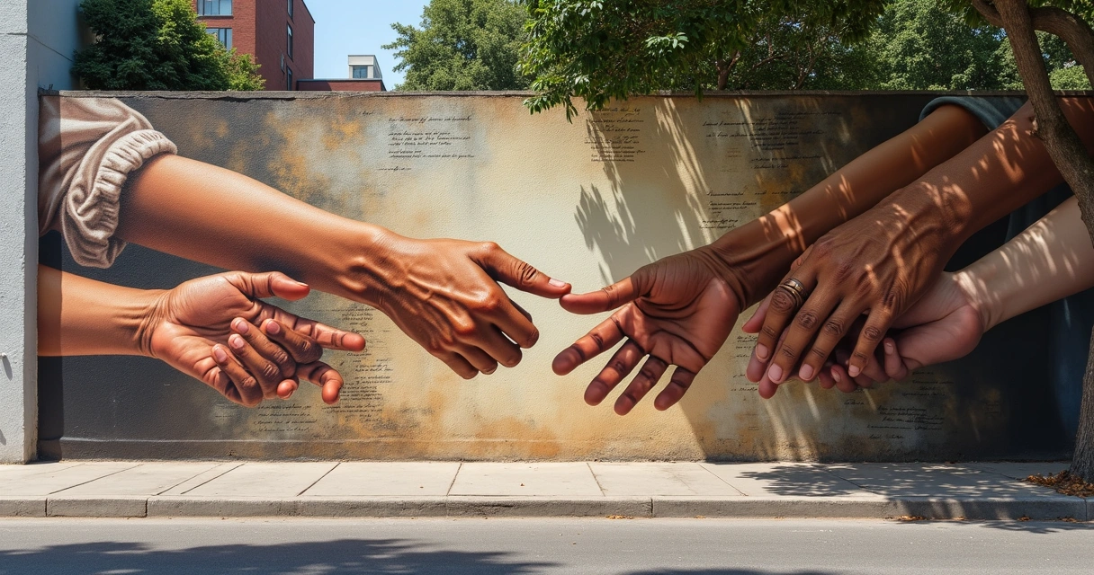 Muralha com desenhos de mãos de diferentes tons e idades se tocando, mostrando conexão entre gerações 