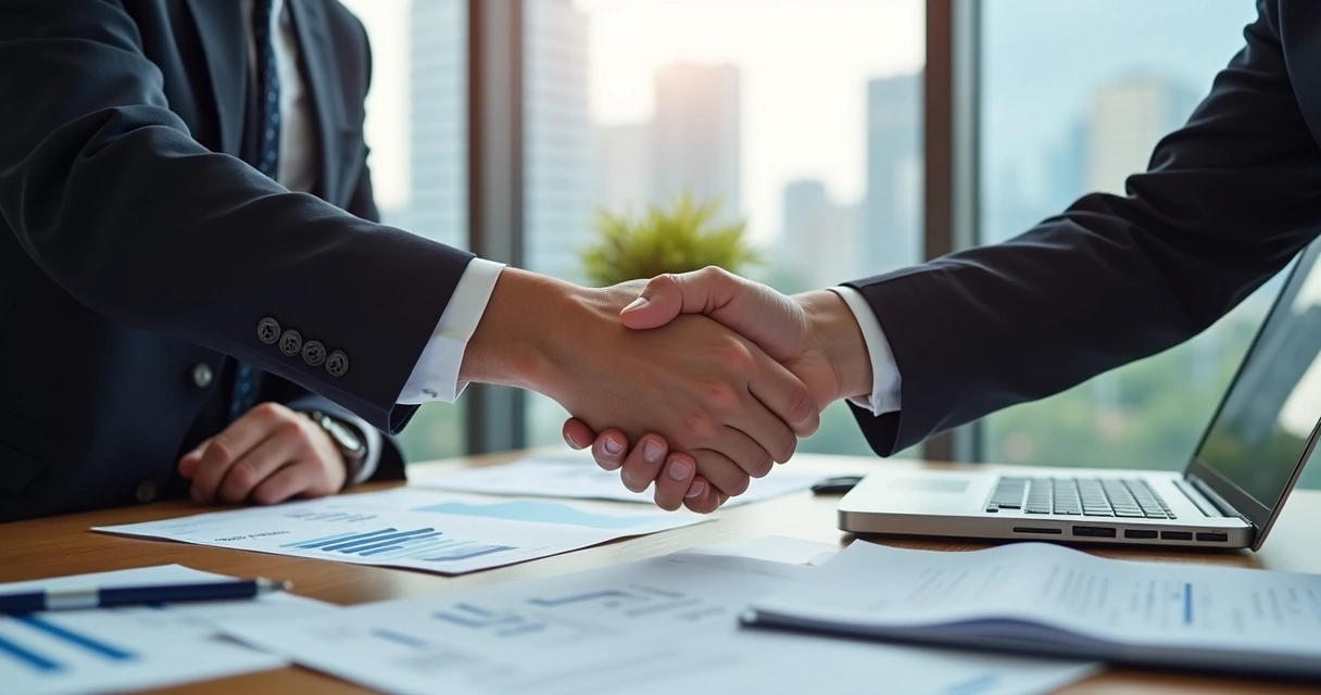 Contador e cliente apertando as mãos após reunião de negócio 
