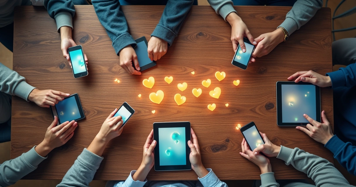 Mesa com pessoas conectando-se por dispositivos digitais 