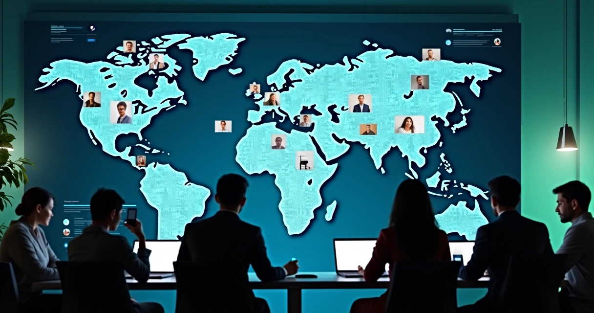 Profissionais em evento virtual interagindo em rede corporativa 