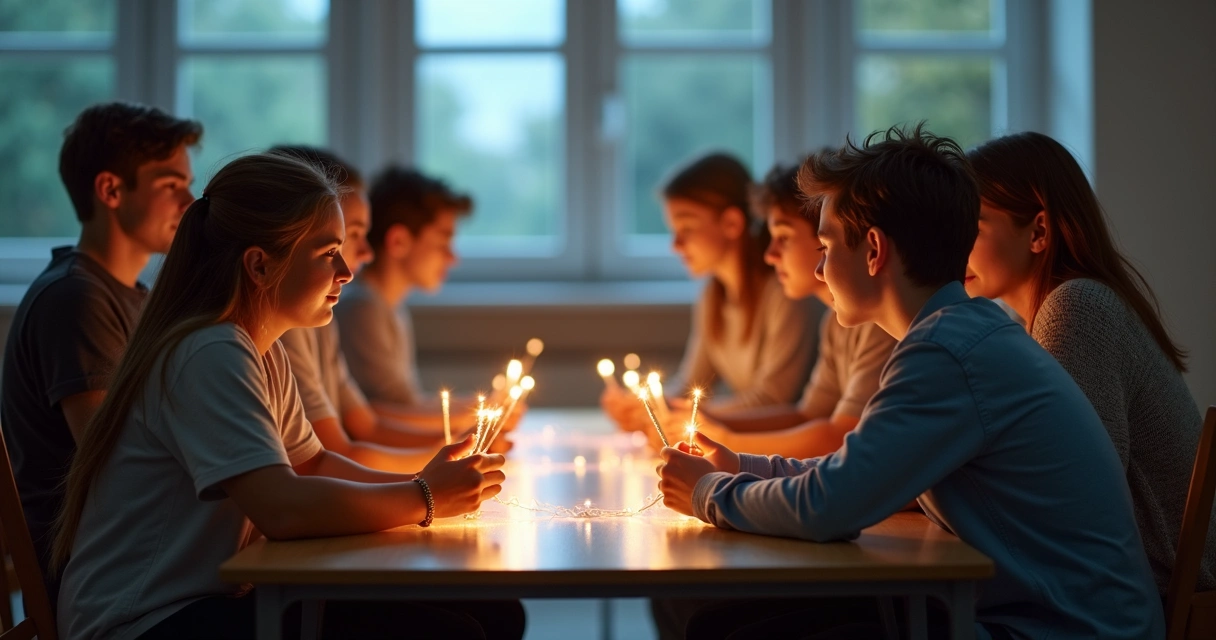 Adolescentes sentados em círculo em uma sala de aula, com linhas iluminadas conectando cada um, simbolizando confiança