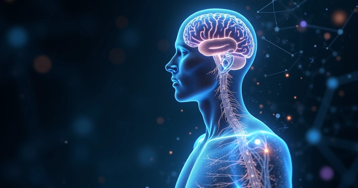 Cérebro humano conectado a rede luminosa que se espalha pelo corpo em ambiente escuro 