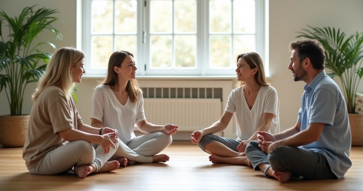 Grupo diverso sentado em círculo praticando escuta profunda e conexão consciente 