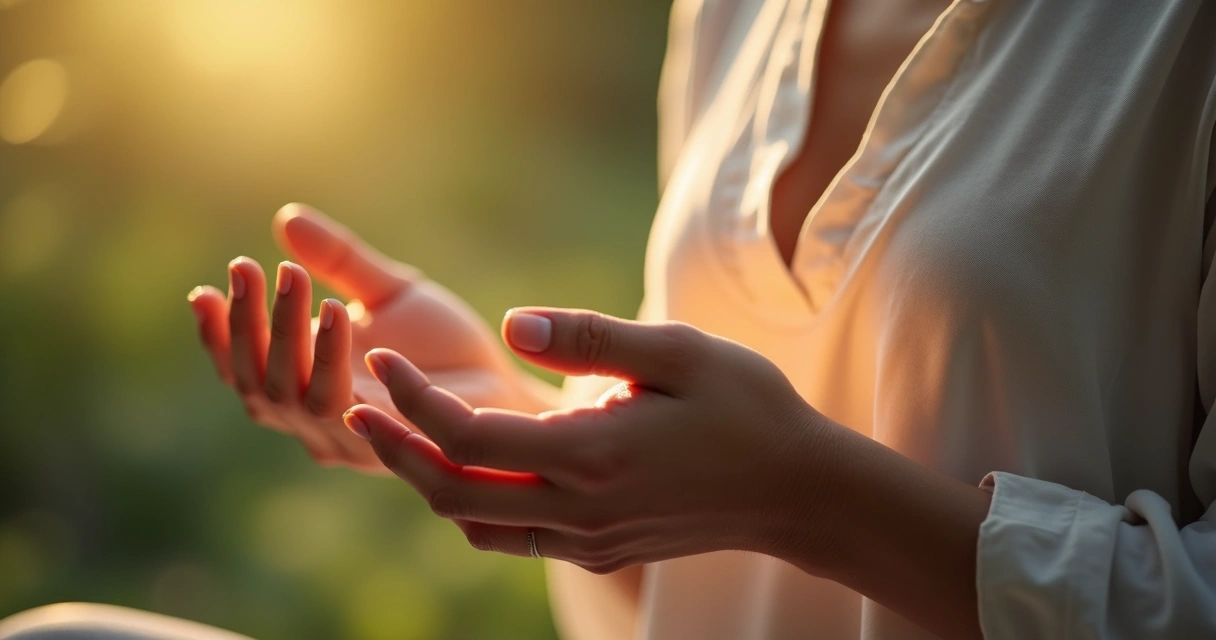 Mãos tocando o peito suavemente, cena de conexão corporal e espiritualidade em fundo suave 