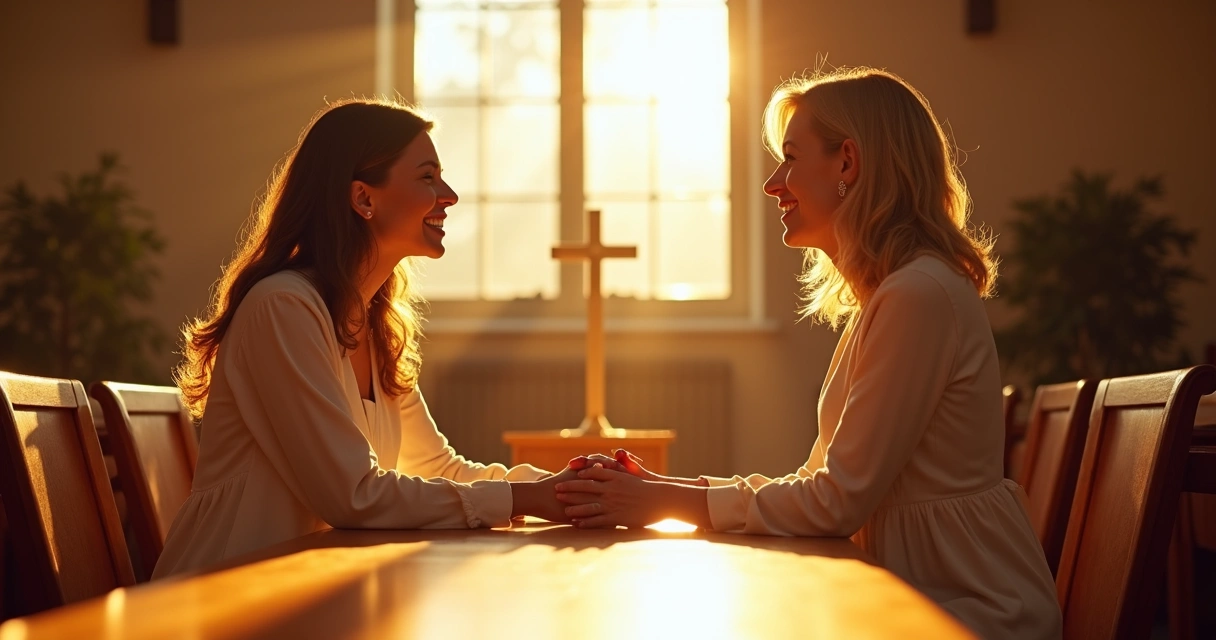 Duas mulheres cristãs conversando em uma igreja, sorrindo e trocando olhares de alegria 