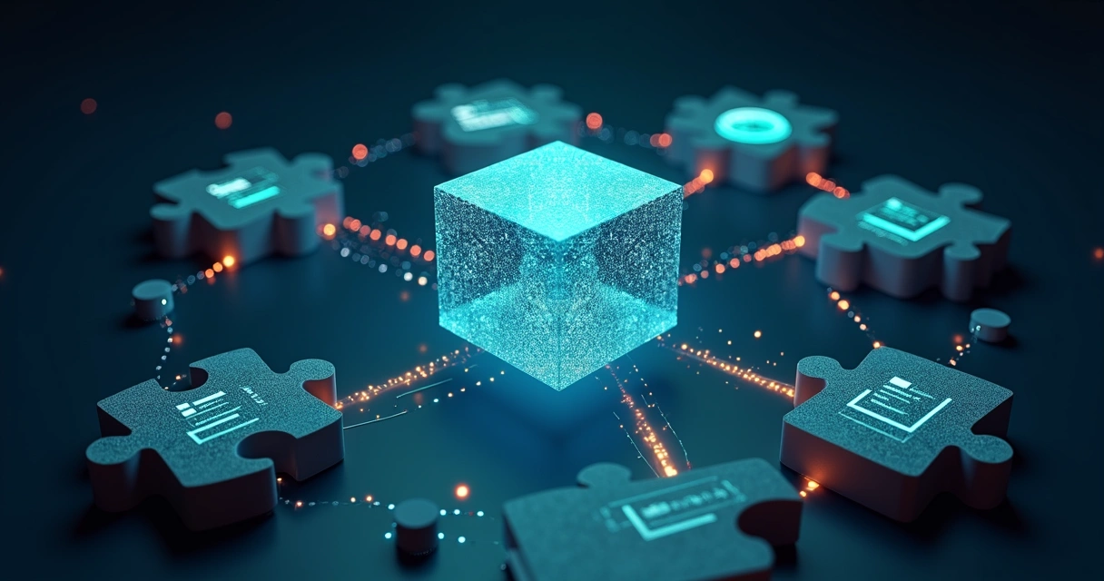 Ilustração de peças de quebra-cabeça digitais conectando dados de CRM a um núcleo de IA 