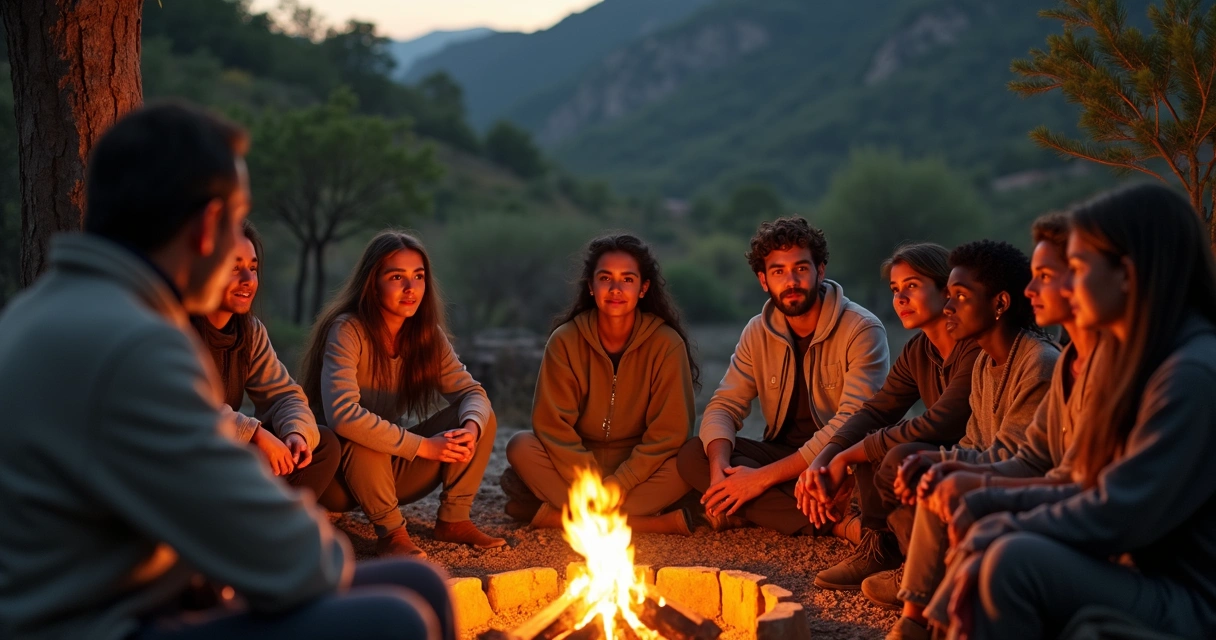Pessoas de diferentes culturas reunidas, ouvindo uma história ao redor de uma fogueira 