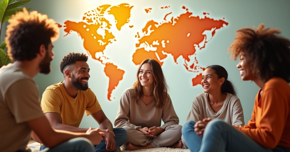 Grupo de pessoas diferentes em roda, trocando experiências e sorrisos. 