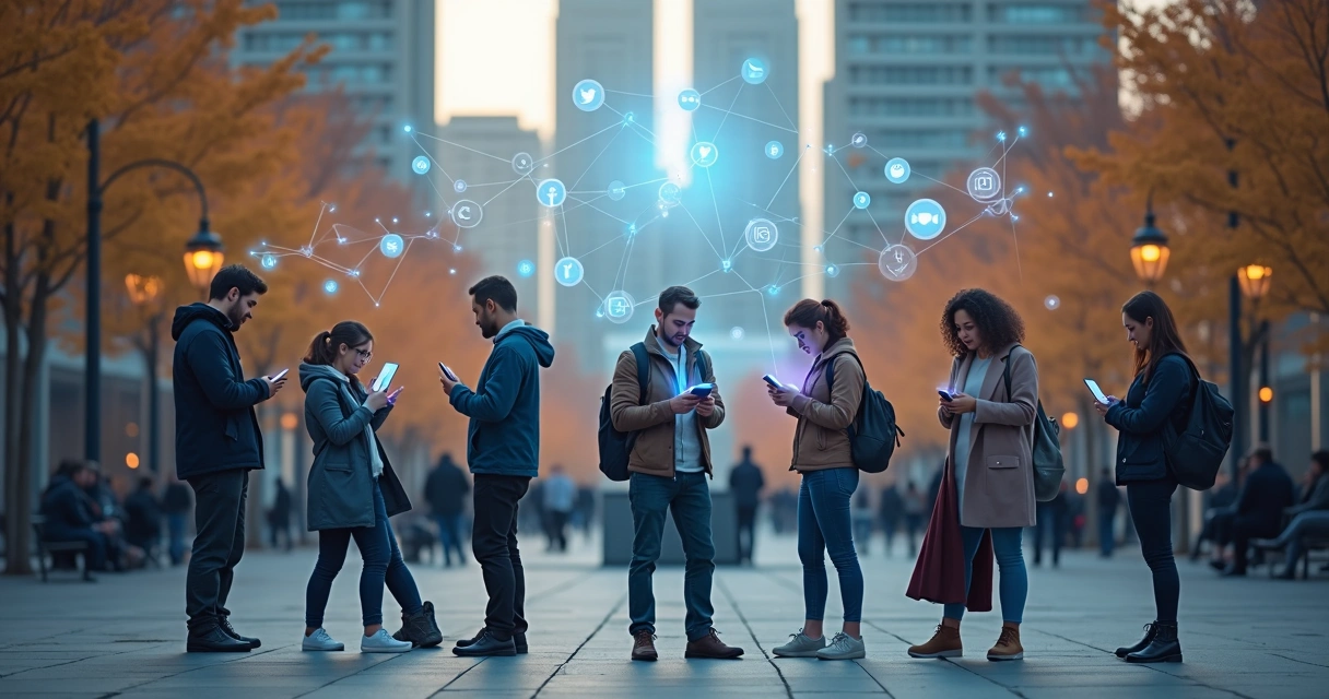 Pessoas olhando celulares em espaço urbano conectado