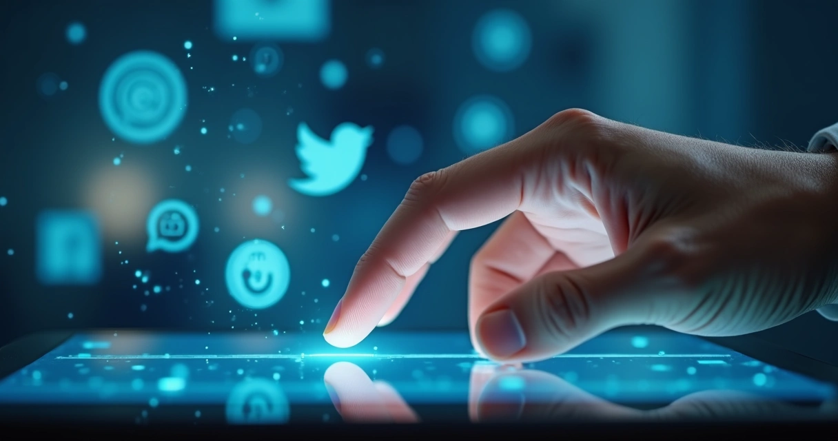 Mão humana tocando em tela digital com ícones sociais 