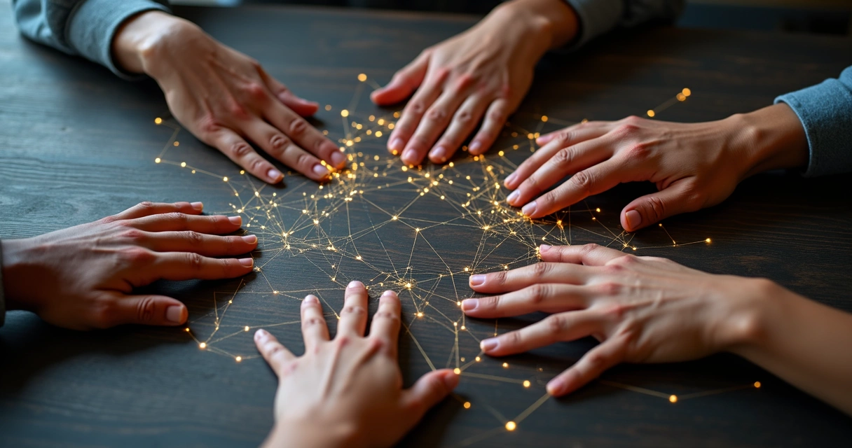 Mãos de pessoas interligadas por fios digitais brilhantes sobre uma mesa escura 