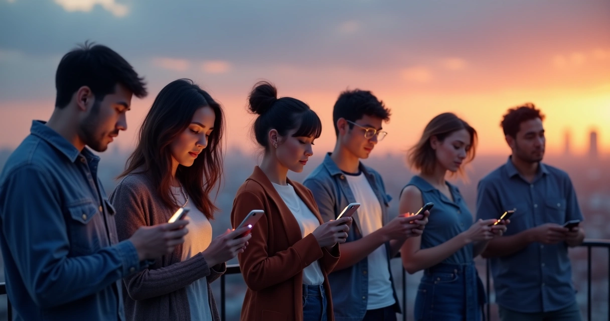 Grupo de pessoas olhando para celulares em ambiente urbano ao entardecer 