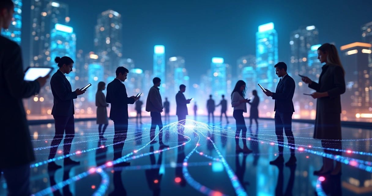 Pessoas diferentes conectadas digitalmente em rede com dispositivos em fundo urbano futurista 