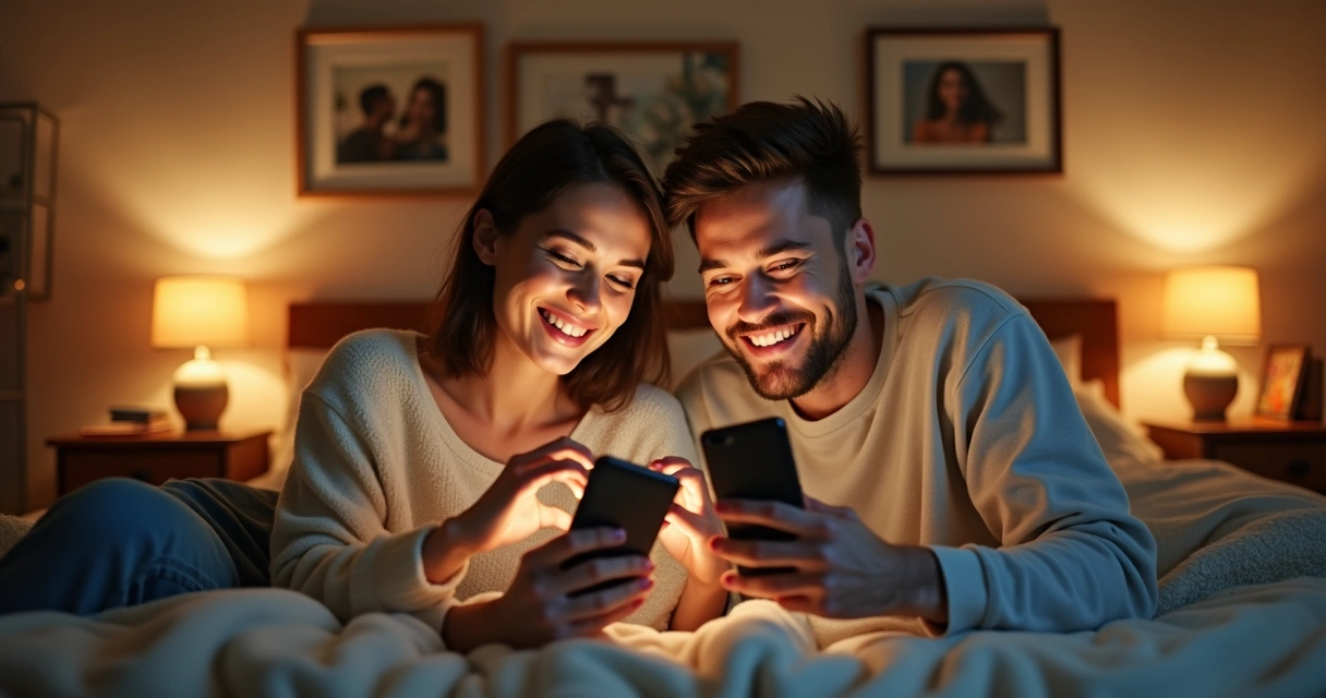 Casal sorrindo vendo um ao outro por chamada de vídeo em celulares, cada um em um ambiente diferente