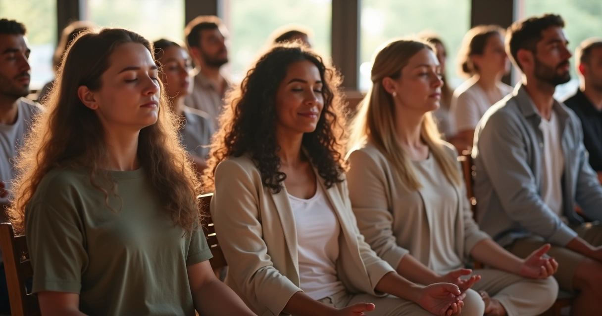 Grupo sentado em círculo, olhos fechados, praticando respiração consciente 