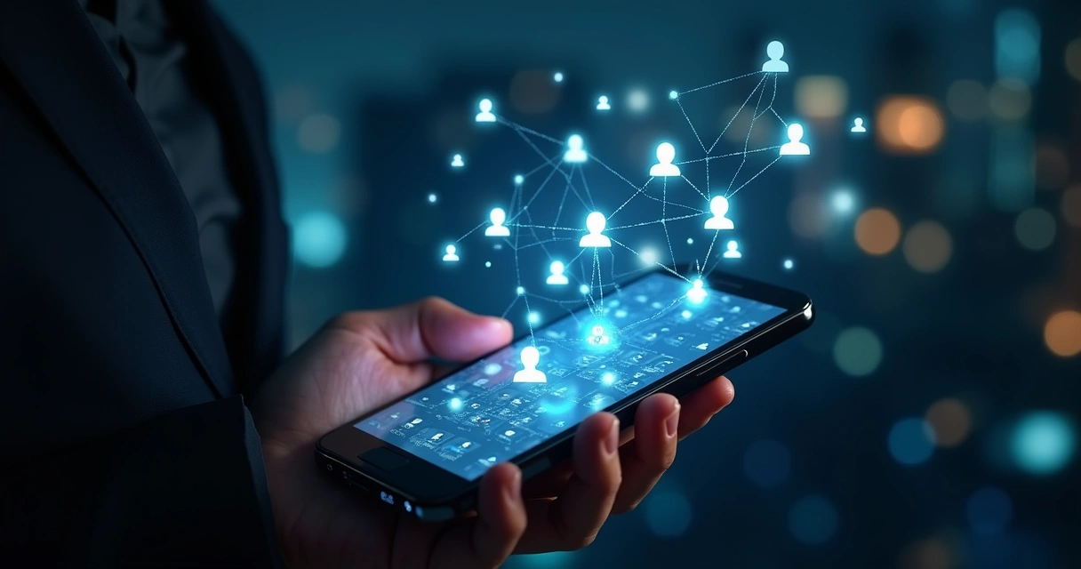 Tela de celular com diversos perfis conectados em rede 
