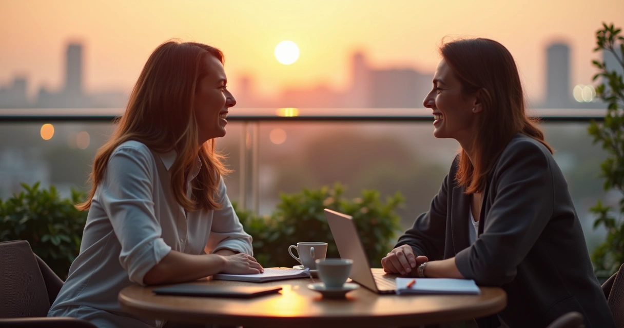 Colegas de trabalho sentados lado a lado em terraço com skyline ao fundo conectando-se em conversa confiante 