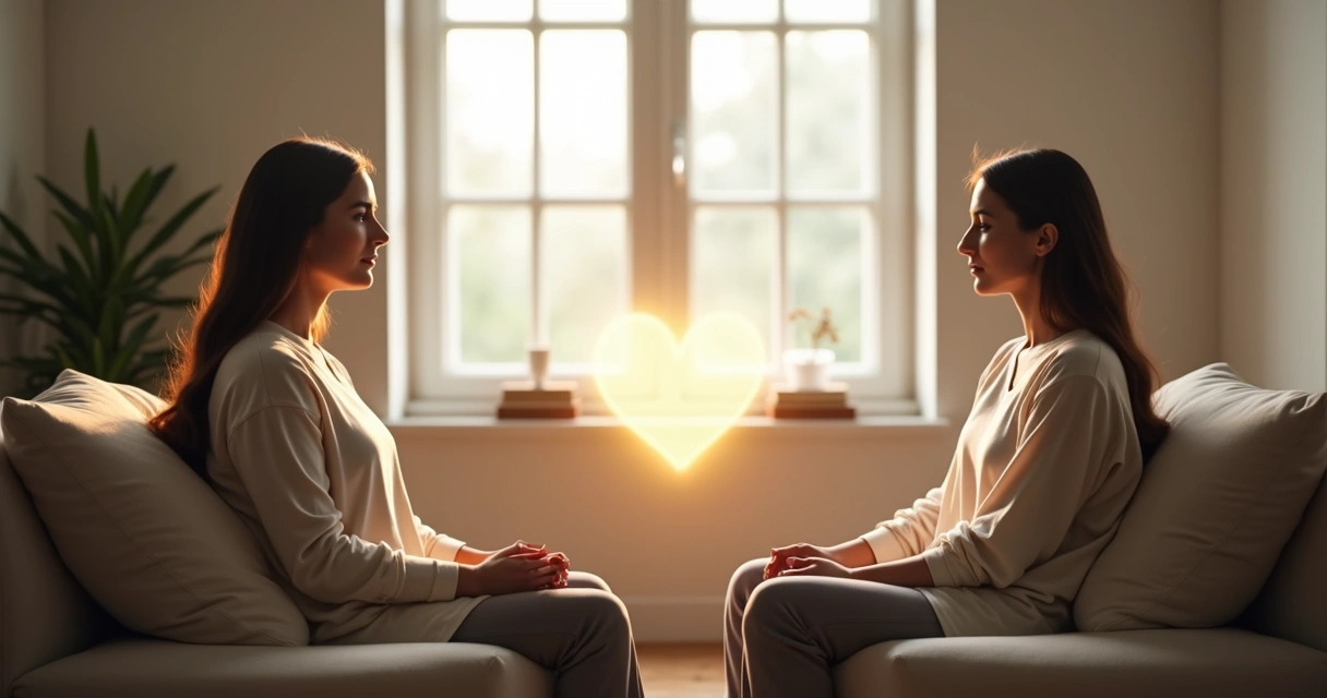 Casal sentado frente a frente com linha luminosa conectando seus corações 