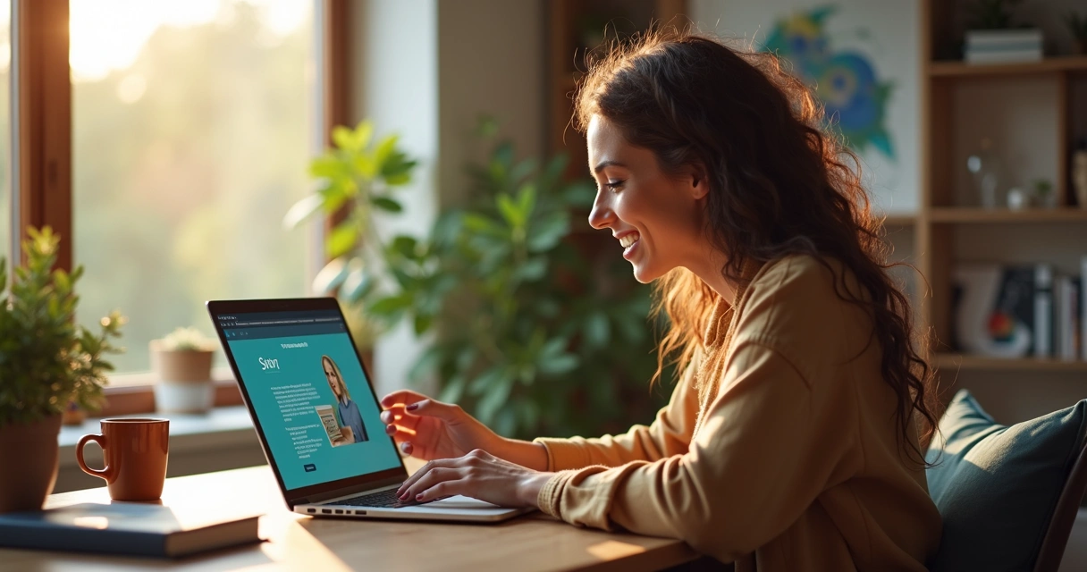 Cliente sorrindo ao interagir digitalmente com marca 