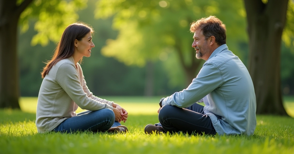 Pessoas conversando sentadas cercadas por natureza 