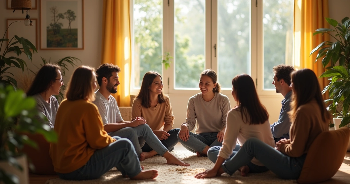 Pessoas sentadas conversando em círculo em ambiente acolhedor