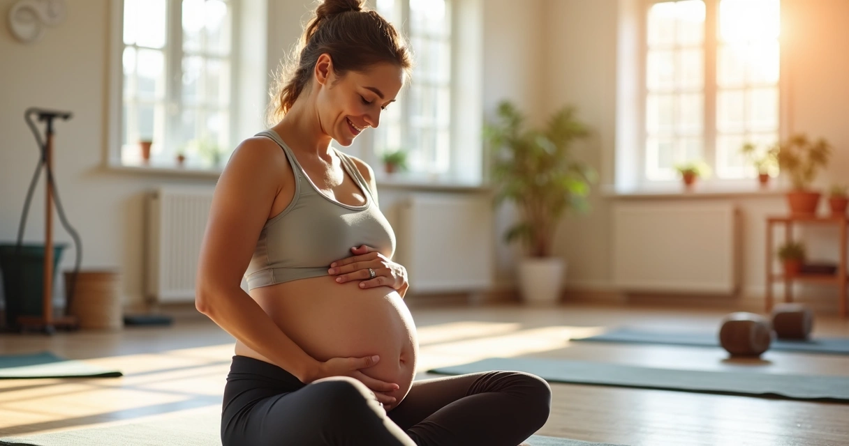 Grávida sorrindo conectando-se com o bebê durante pilates 