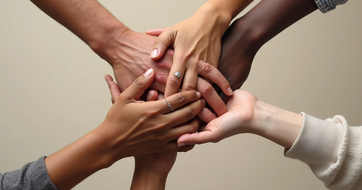 Mãos de pessoas de diferentes idades e tons de pele entrelaçadas em gesto de conexão e empatia. 