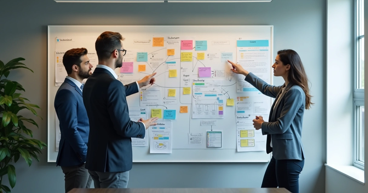 Profissionais de áreas diferentes conectando ideias em painel conjunto 