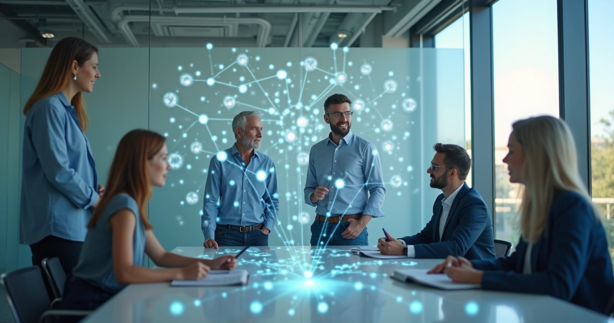 Pessoas conectadas por linhas em um ambiente de trabalho 