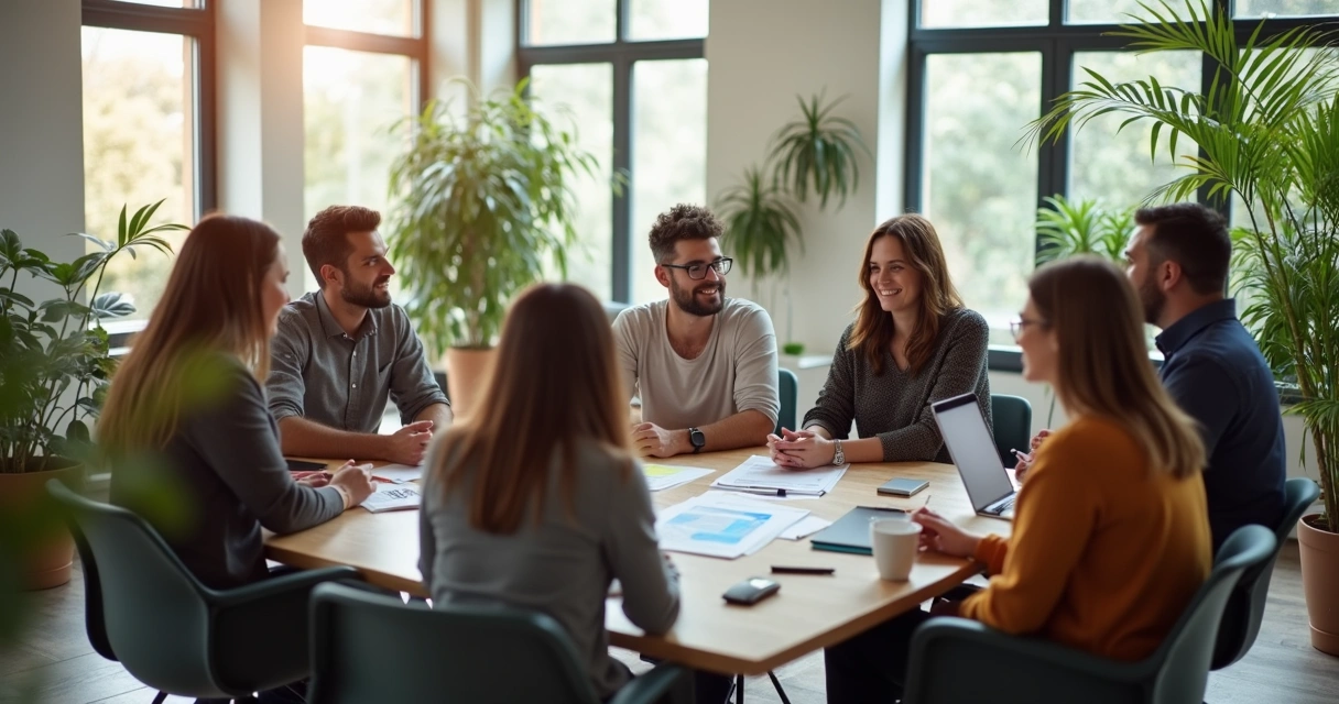 Equipe diversa reunida em círculo, trocando ideias no ambiente de escritório 