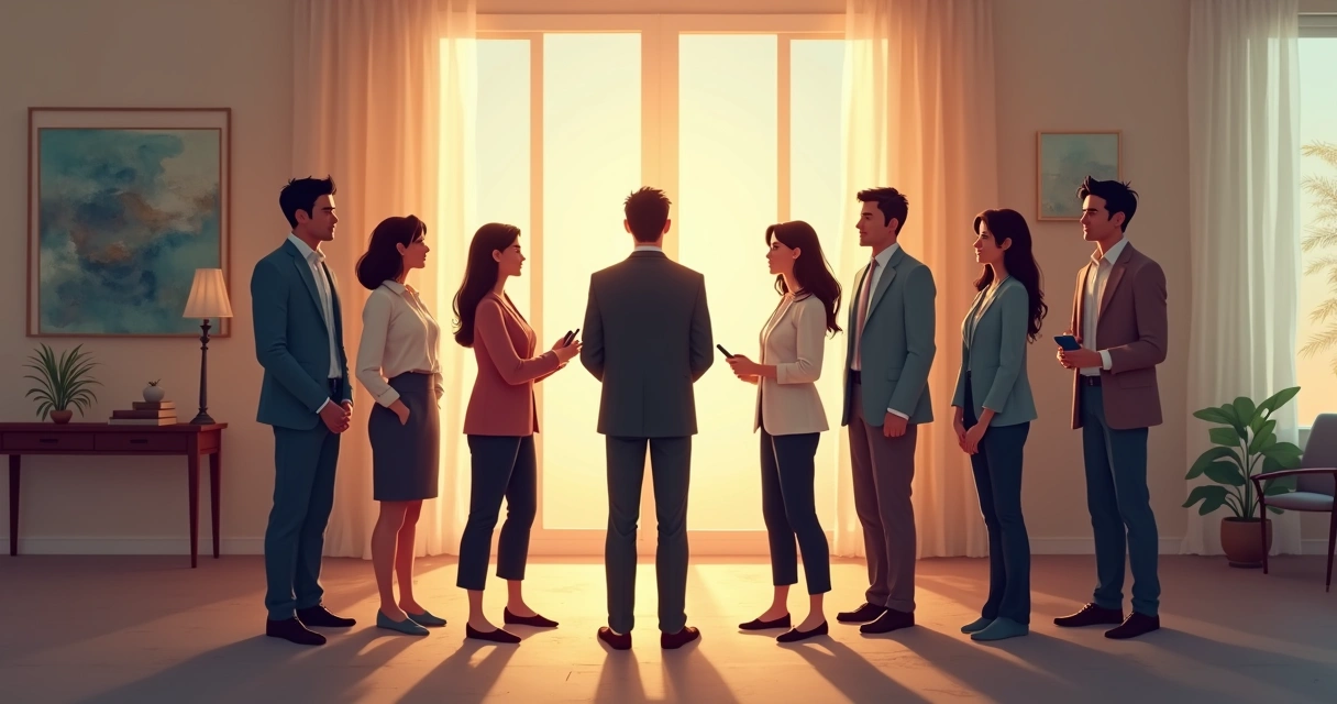 Equipe reunida em roda com líder ao centro, clima de conexão e empatia