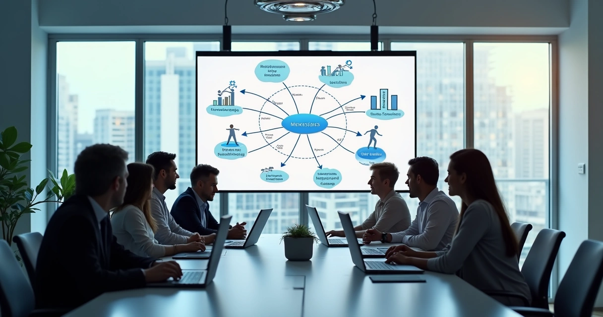 Equipe de marketing e vendas discutindo dados em uma sala de reunião moderna 