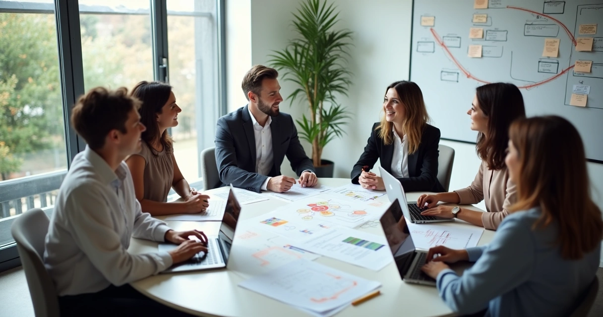 Pequena equipe reunida em mesa redonda discutindo projetos e olhando diagramas de fluxo em um ambiente de escritório claro 