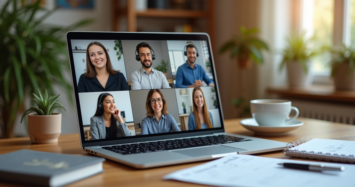 Profissionais em reunião virtual com interação positiva 