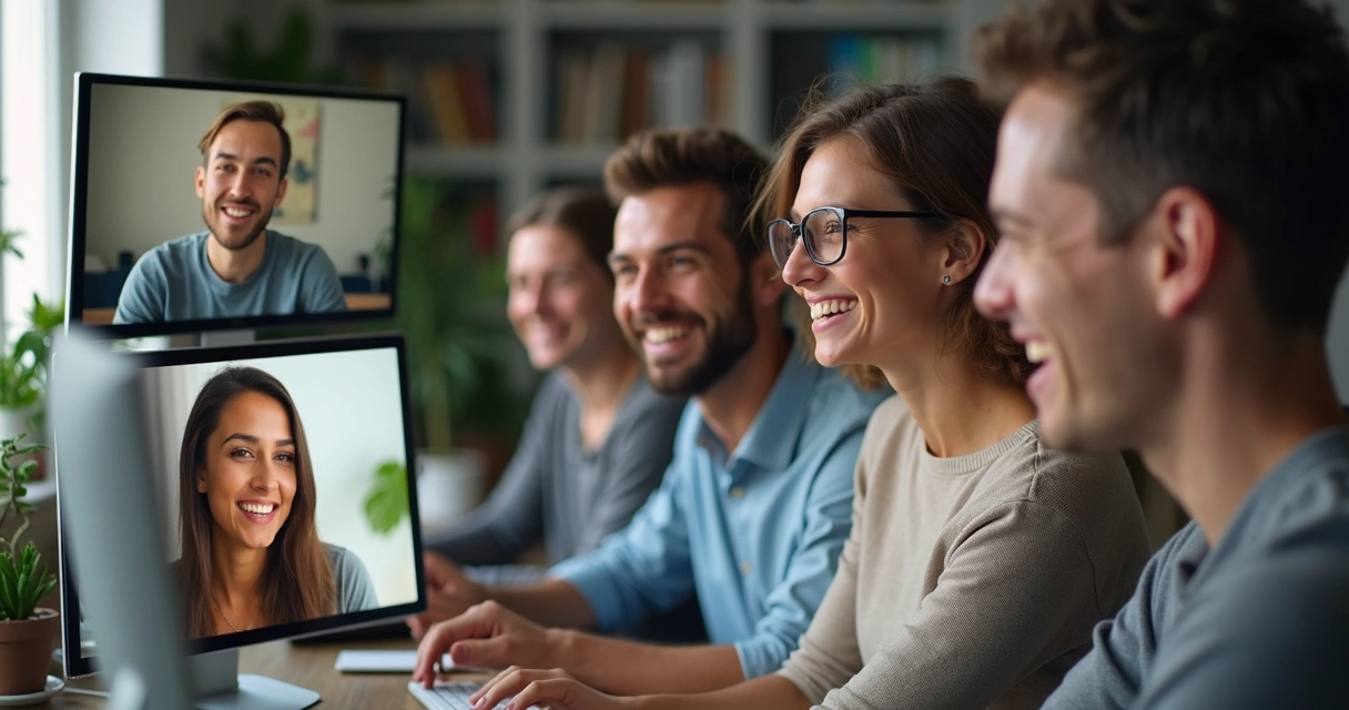 Equipe em reunião virtual sorrindo, cada um em sua casa, com fundo neutro 