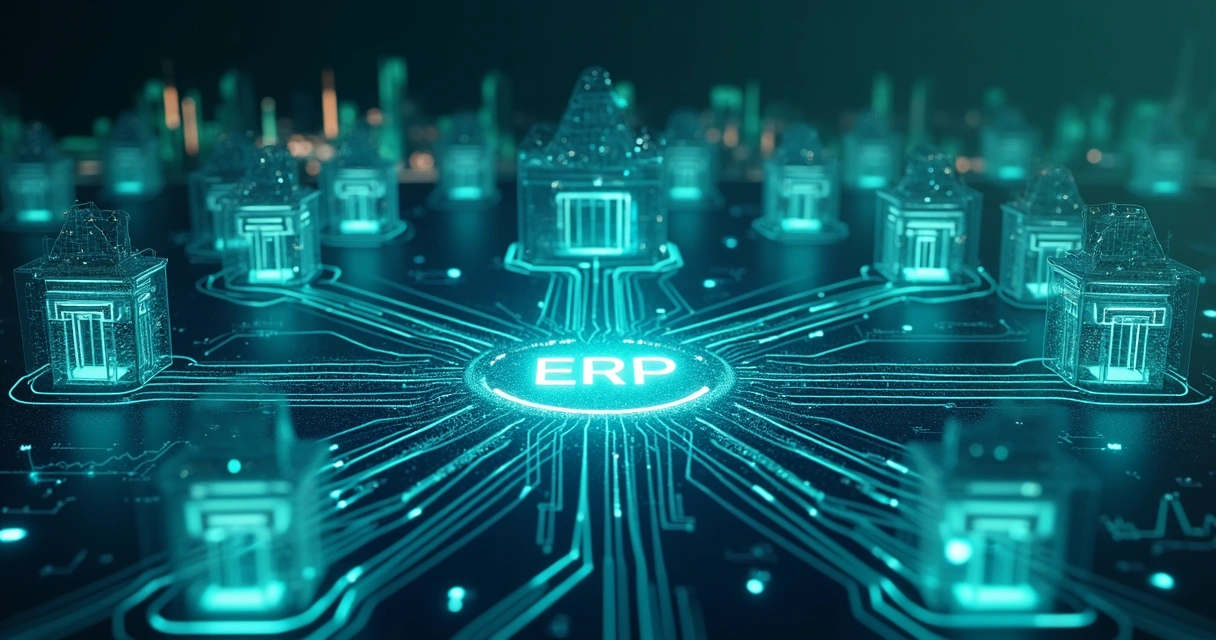 Ilustração de um sistema ERP conectado a diferentes bancos por redes digitais 