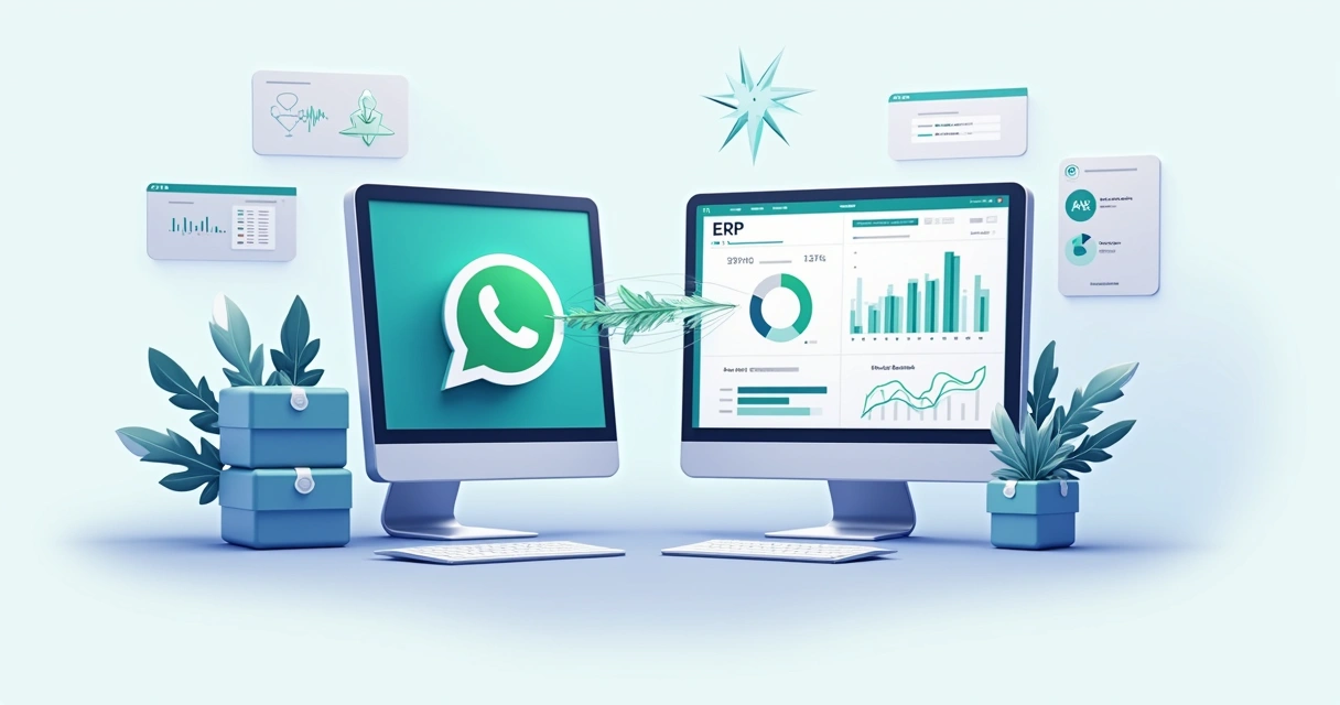 Tela mostrando integração entre WhatsApp e ERP, com mensagens e gráficos em destaque 