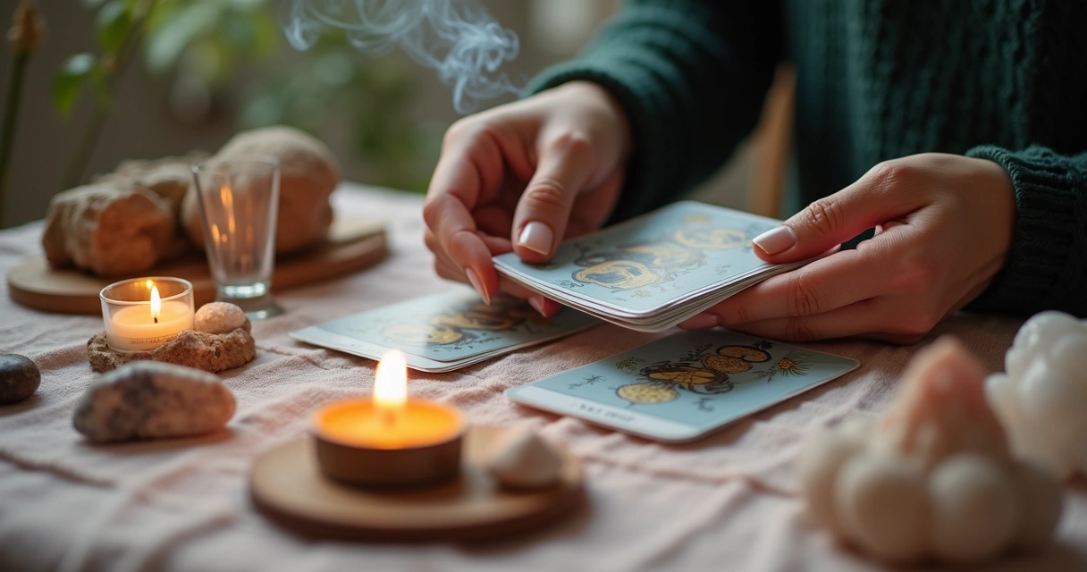 Mãos seguram cartas enquanto incenso queima ao lado 