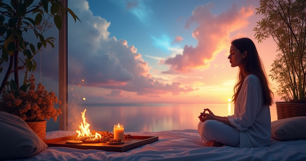 Uma pessoa meditando cercada por luz espiritual, com vela e incenso em um ambiente natural sereno.