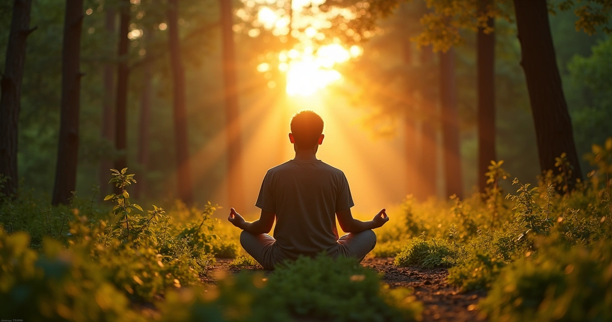 Pessoa sentada em meio à natureza meditando com luz suave ao entardecer 