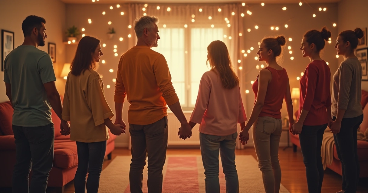 Círculo de pessoas de mãos dadas com luz suave ligando seus corpos 
