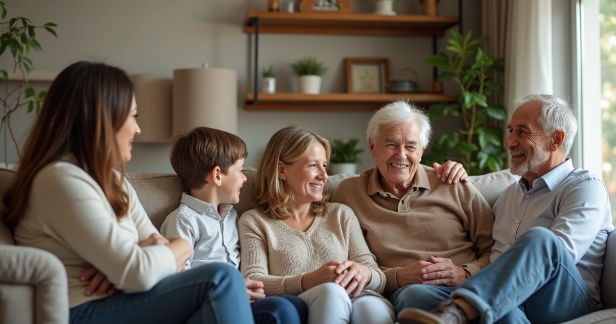 Pessoas de diferentes idades sentadas juntas em uma sala de estar, compartilhando uma conversa animada 